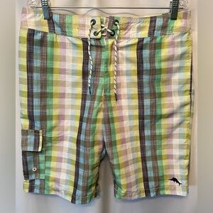 Tommy Bahama Men's 34x10 Plaid Board Shorts Trunks Cream Green Yellow Black